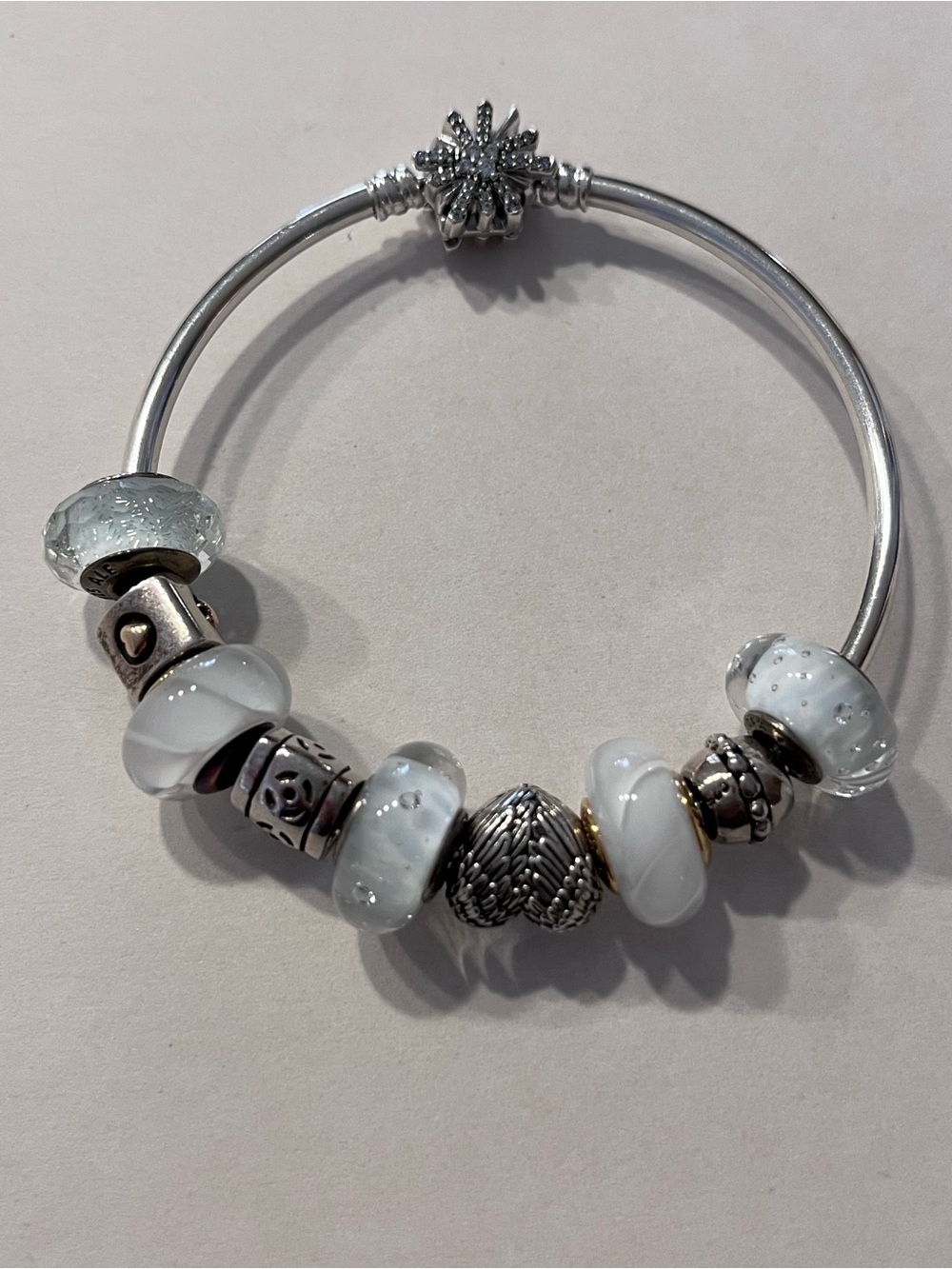 Pandora Snowflake Bangle Bracelet with 9 Accent Charms (7 Pandora Beads)
